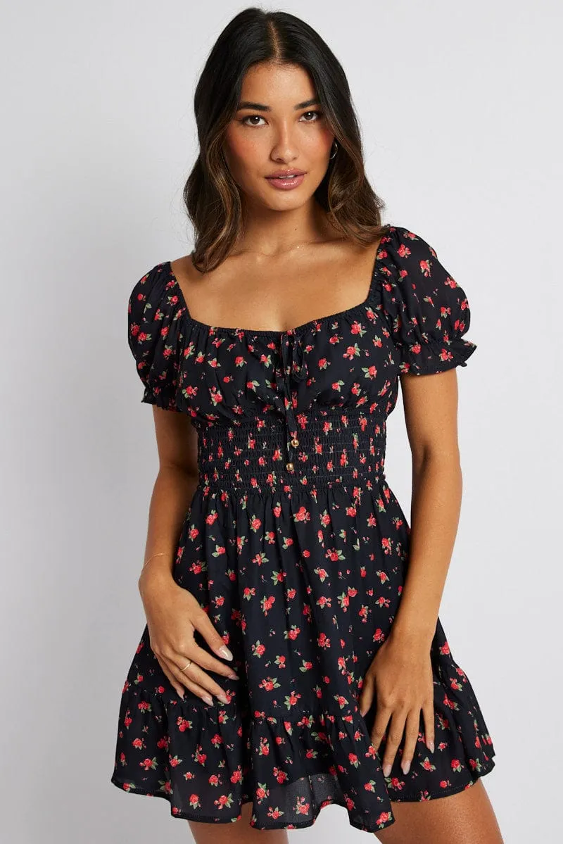 Black Floral Fit And Flare Dress Puff Sleeve Mini sold by Ally Fashion product image thumbnail 3