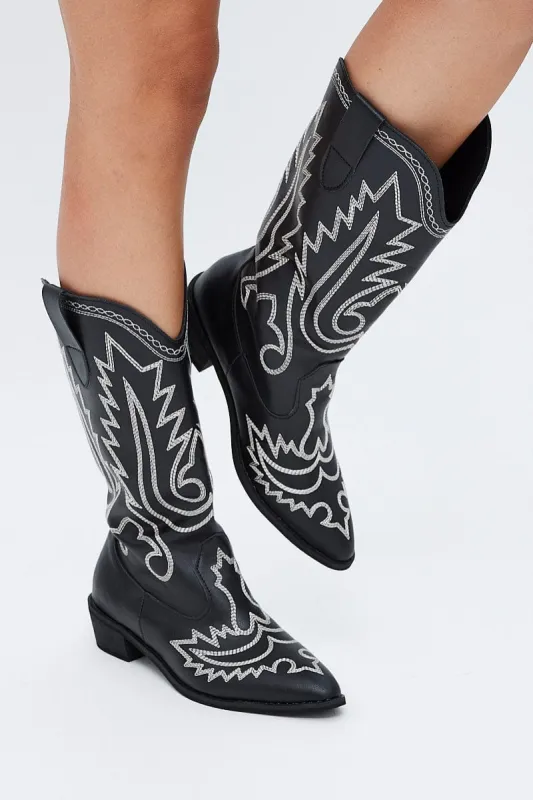 Black Embroidered Cowboy Boots sold by Ally Fashion