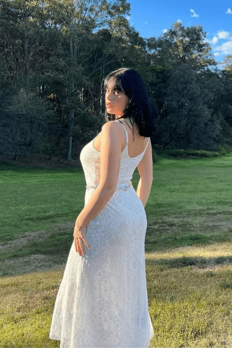 White Maxi Dress Sleeveless Scoop Neck Flare Hem Lace sold by Ally Fashion