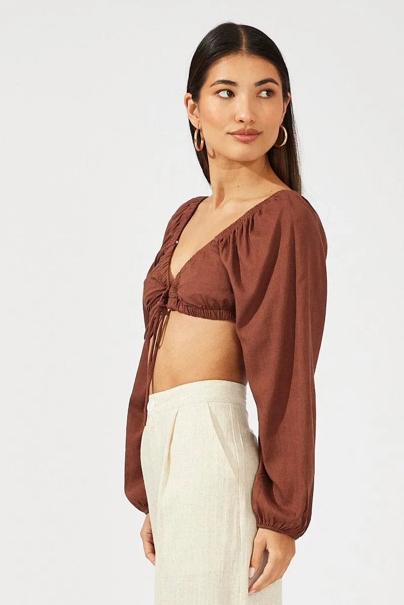 Brown Tie Crop Top Long Sleeve sold by Ally Fashion product image thumbnail 4