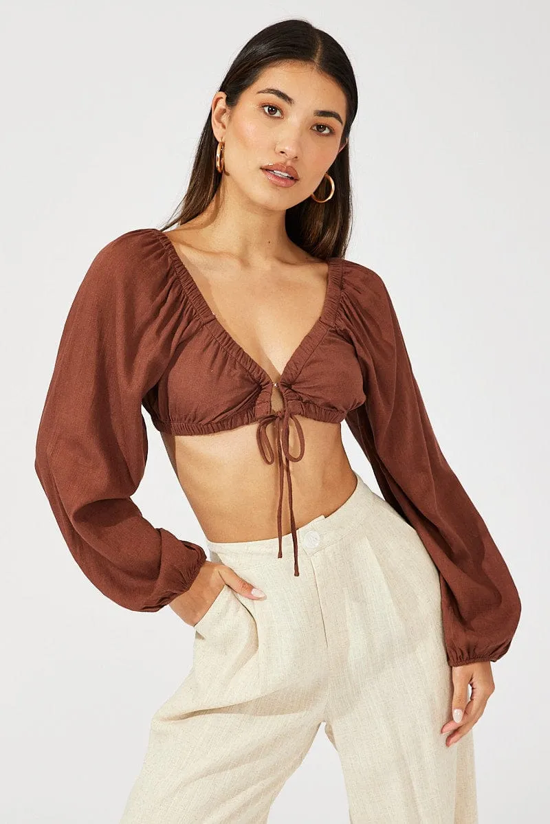 Brown Tie Crop Top Long Sleeve sold by Ally Fashion
