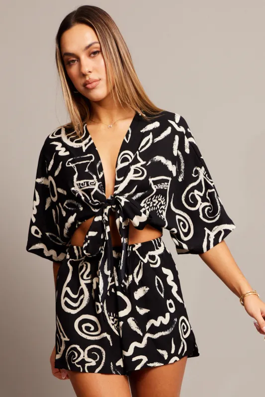Black Abstract Tie Up Bolero Short Sleeve sold by Ally Fashion