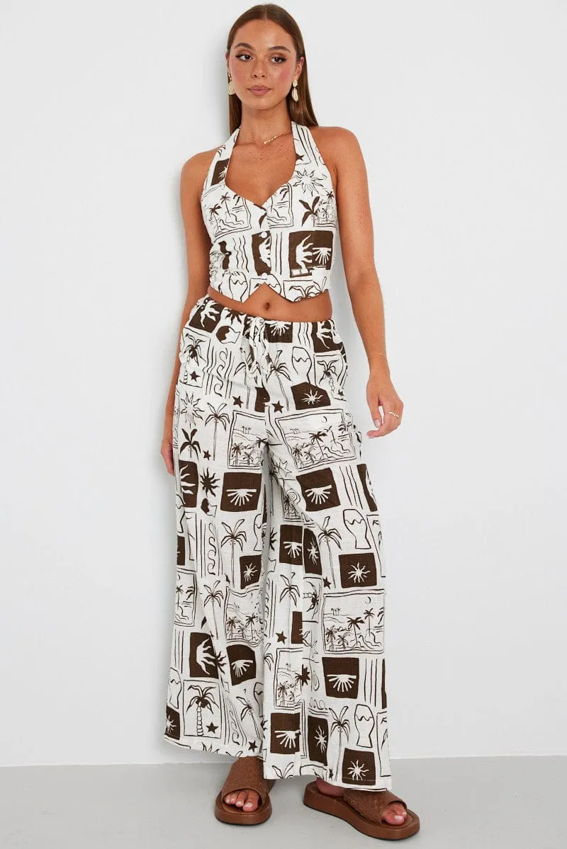 Brown Abstract Halter Neck Vest V Neckline Linen sold by Ally Fashion product image thumbnail 2