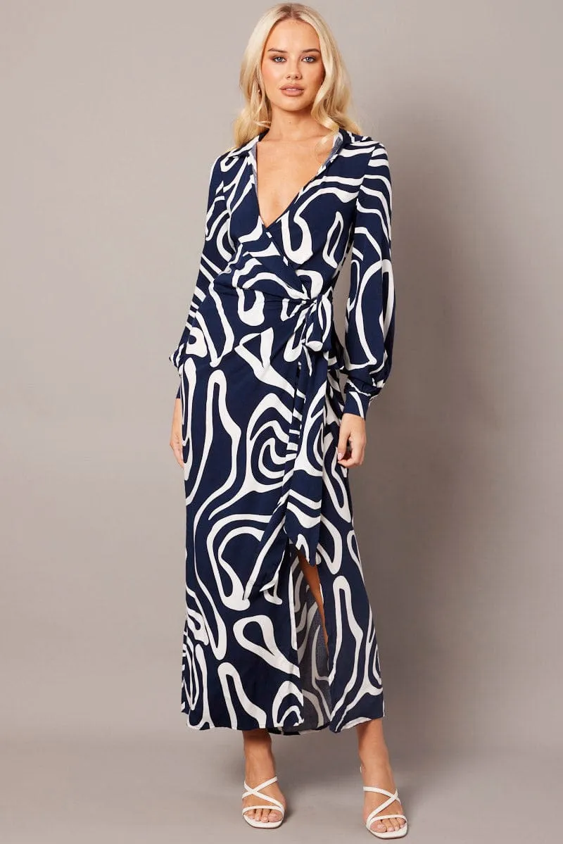 Blue Abstract Wrap Maxi Dress Shirt Dress sold by Ally Fashion
