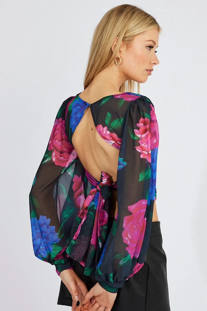 Multi Floral Plunge Crop Top Balloon Sleeve Tie back sold by Ally Fashion product image thumbnail 5