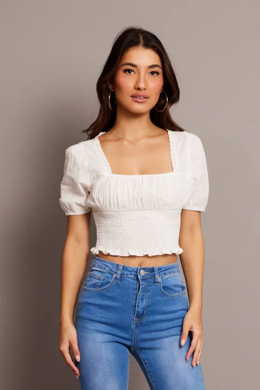 White Crop Top Short Sleeve Shirred Waist sold by Ally Fashion