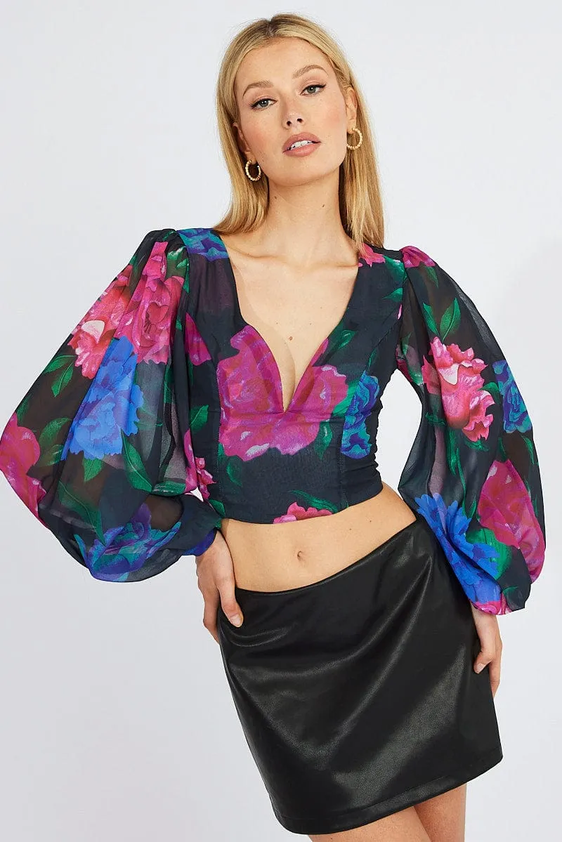 Multi Floral Plunge Crop Top Balloon Sleeve Tie back sold by Ally Fashion product image thumbnail 3