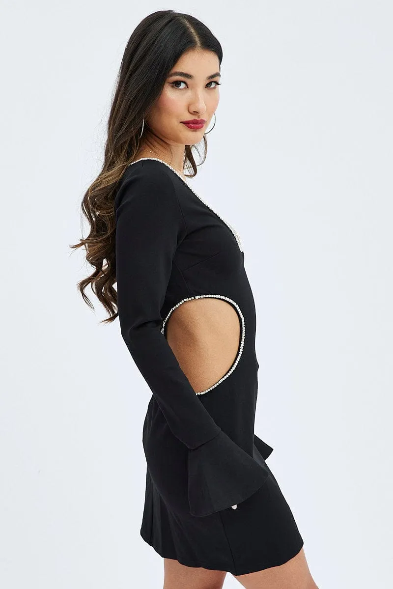 Black Flared Sleeve Cut Out Diamante Mini Dress sold by Ally Fashion product image thumbnail 4