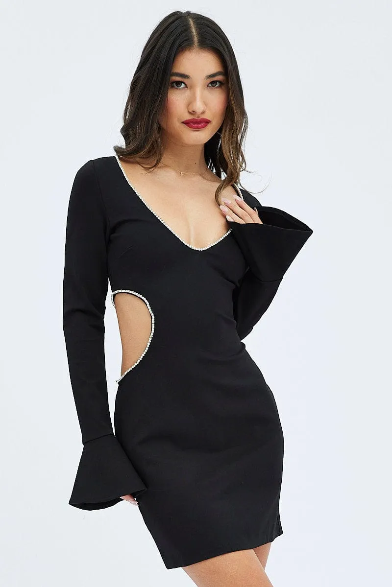 Black Flared Sleeve Cut Out Diamante Mini Dress sold by Ally Fashion