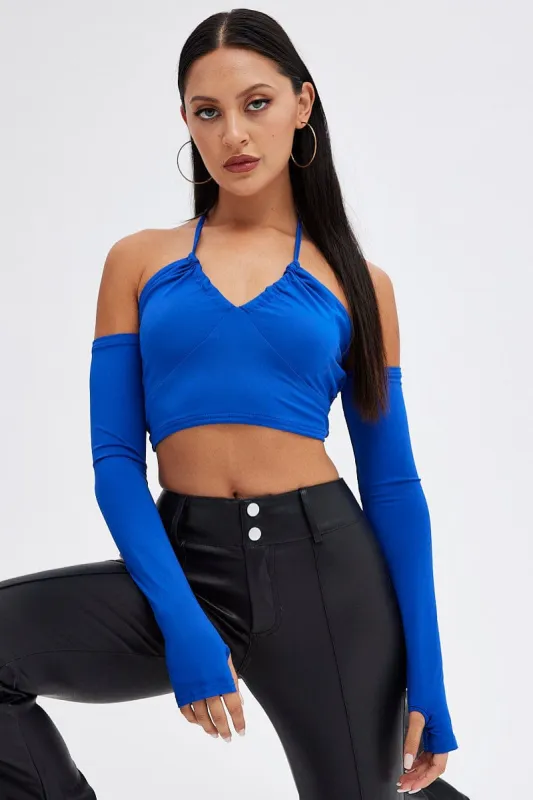 Blue Halter Top Long Sleeve Crop Top sold by Ally Fashion