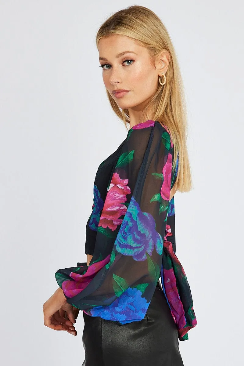 Multi Floral Plunge Crop Top Balloon Sleeve Tie back sold by Ally Fashion product image thumbnail 4