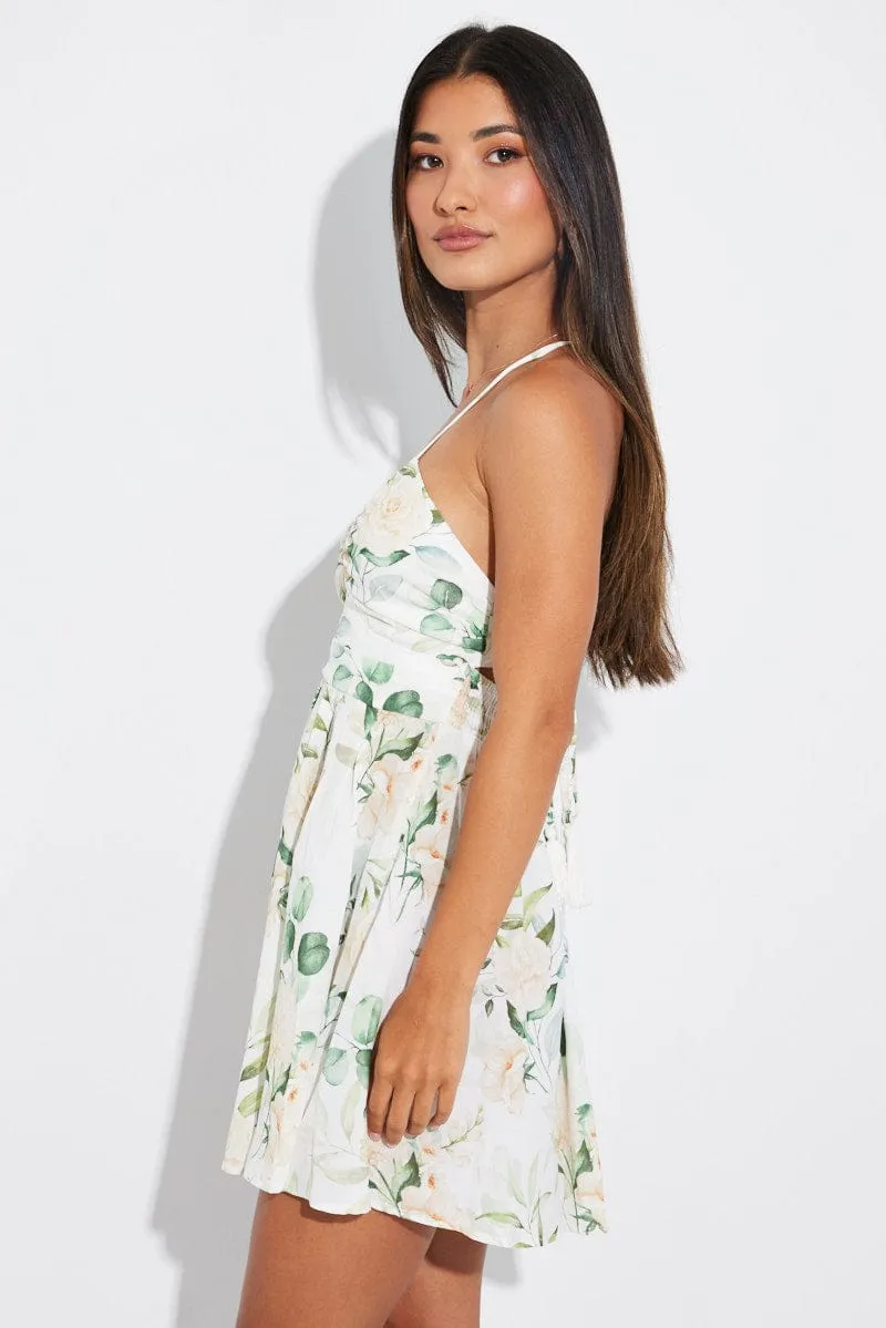 White Floral Ruched Skater Dress Strappy Gathered Swishy Dress sold by Ally Fashion product image thumbnail 4
