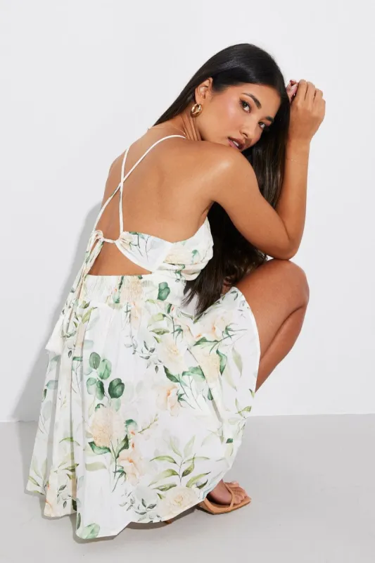 White Floral Ruched Skater Dress Strappy Gathered Swishy Dress sold by Ally Fashion