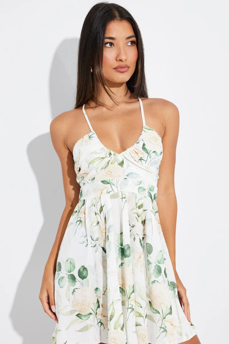 White Floral Ruched Skater Dress Strappy Gathered Swishy Dress sold by Ally Fashion product image thumbnail 3