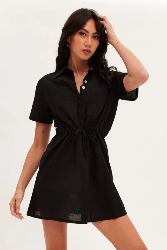 Black Shirt Dress Pocket Short Sleeve Button Front sold by Ally Fashion