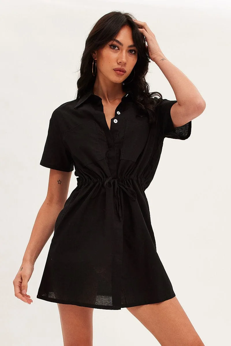 Black Shirt Dress Pocket Short Sleeve Button Front sold by Ally Fashion