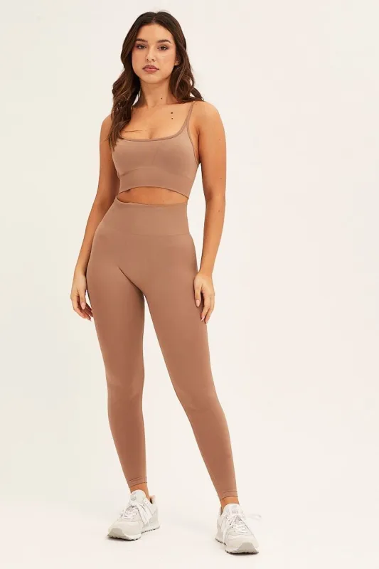 Beige Seamless Top And Legging Activewear Set sold by Ally Fashion