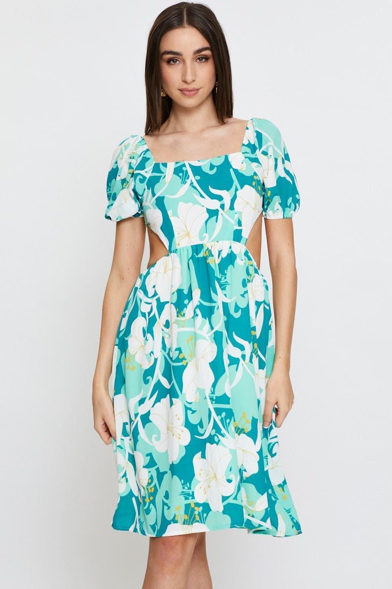 Print Midi Dress Ruffle Detail Skater sold by Ally Fashion