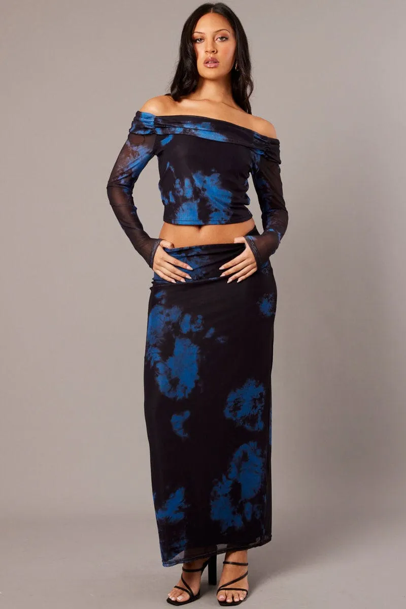 Blue Abstract Maxi Skirt High Rise Mesh sold by Ally Fashion product image thumbnail 2