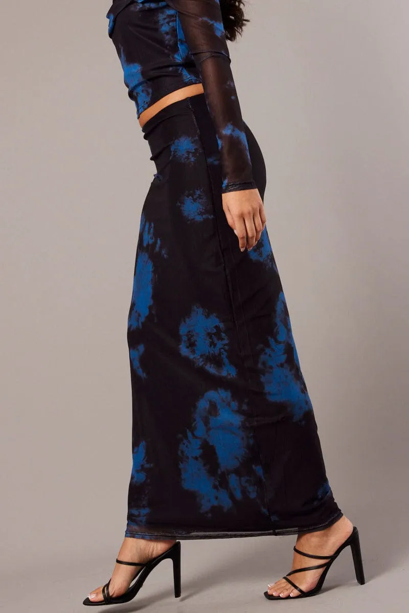 Blue Abstract Maxi Skirt High Rise Mesh sold by Ally Fashion