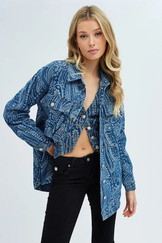 Denim Paisley Shacket Long Sleeve Collared Paisley Denim sold by Ally Fashion