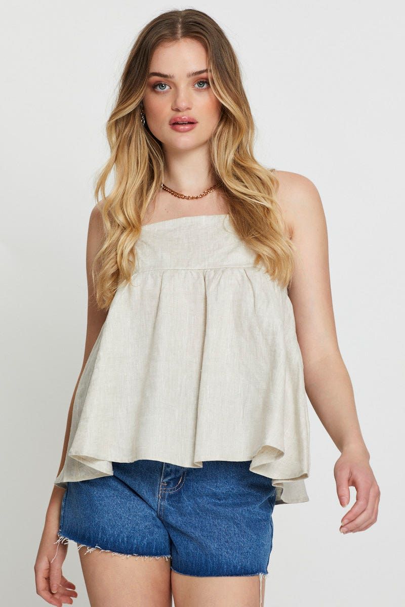 Beige Singlet Top Sleeveless Linen sold by Ally Fashion