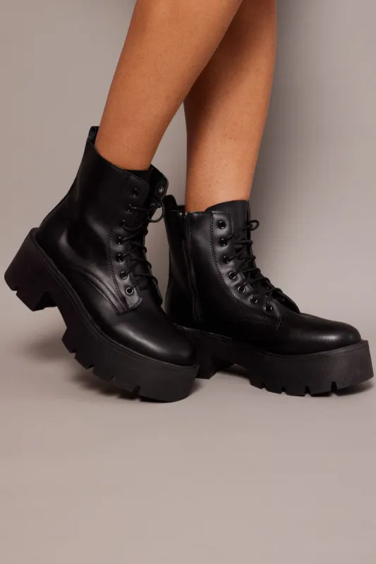 Black Lace Up Chunky Boots sold by Ally Fashion