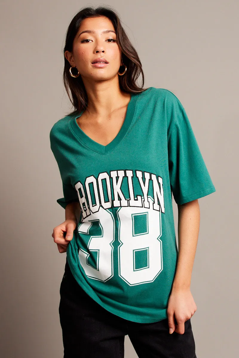 Green Graphic Tee V Neck Short Sleeve sold by Ally Fashion