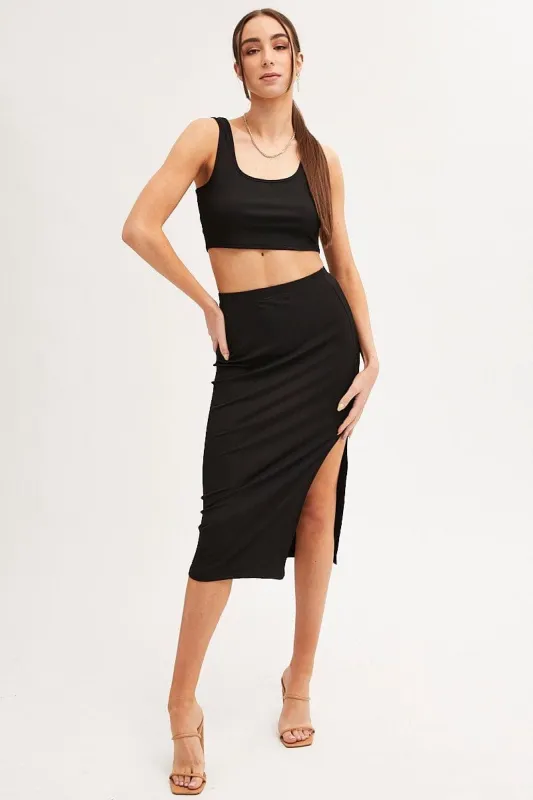 Black Midi Skirt Front Split Jersey sold by Ally Fashion