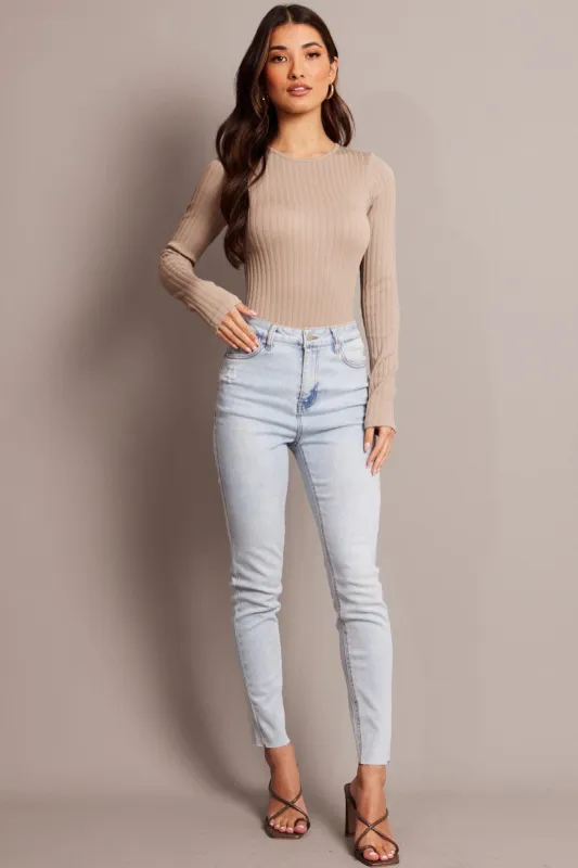 Beige Bodysuit Long Sleeve Crew Neck Seamless sold by Ally Fashion