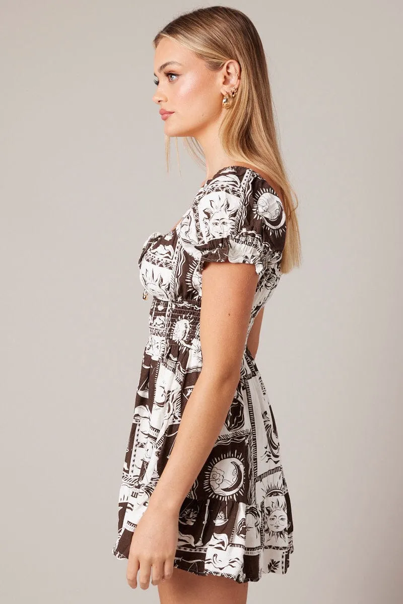 Brown Abstract Fit And Flare Dress Puff Sleeve Mini sold by Ally Fashion product image thumbnail 4