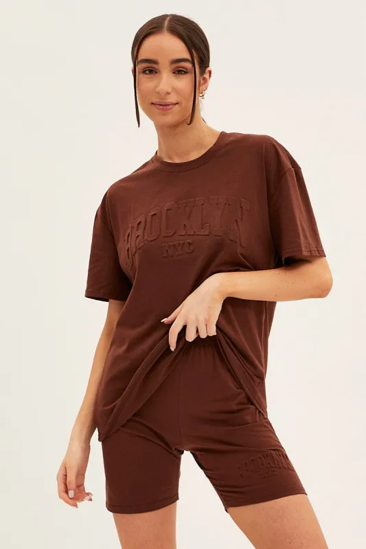 Brown Textured Tee And Biker Shorts Set sold by Ally Fashion