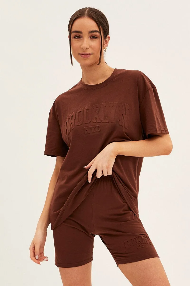 Brown Textured Tee And Biker Shorts Set sold by Ally Fashion