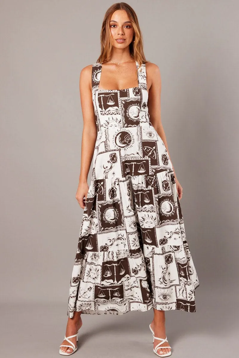 Brown Abstract Maxi Dress Square Neck Tiered sold by Ally Fashion