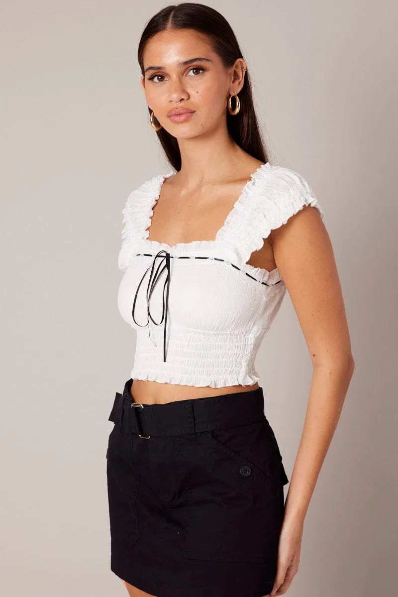 White Crop Top Sleeveless Shirred Waist Satin Bow sold by Ally Fashion product image thumbnail 4