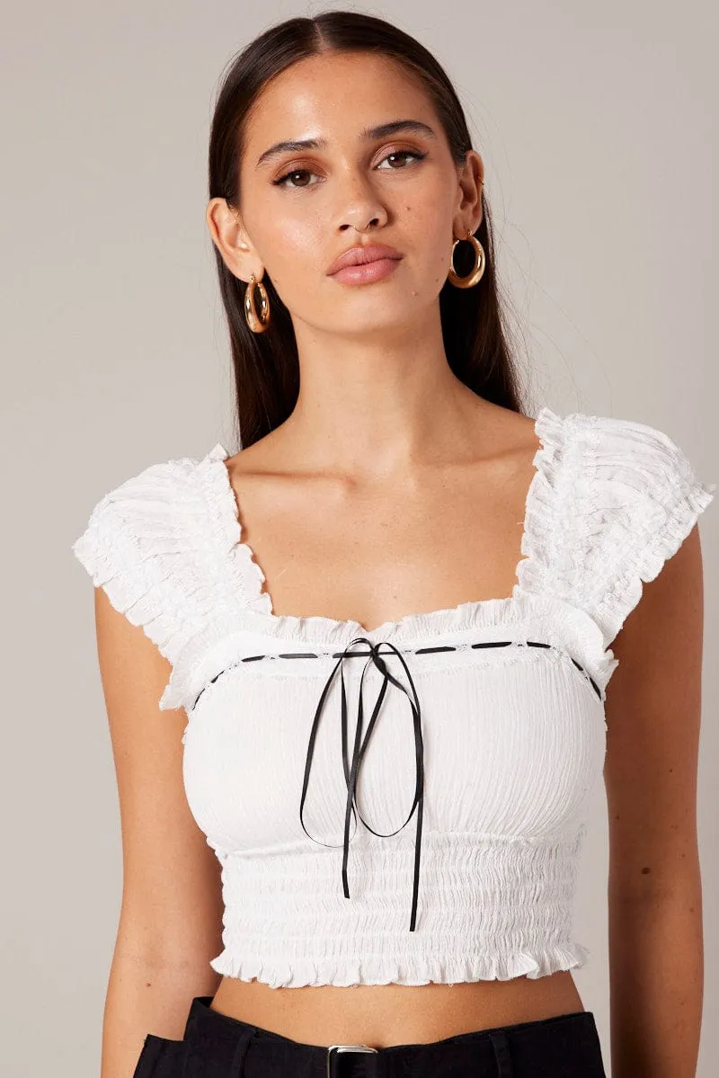 White Crop Top Sleeveless Shirred Waist Satin Bow sold by Ally Fashion