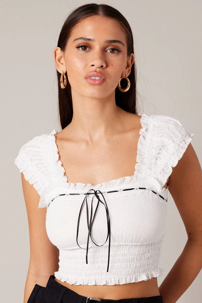 White Crop Top Sleeveless Shirred Waist Satin Bow sold by Ally Fashion product image thumbnail 3
