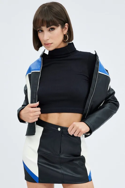 Black Jacket Colour Block Long Sleeve Zip Faux Leather sold by Ally Fashion