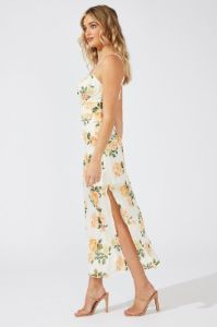 Yellow Floral Midi Dress Gathering Bust Sleeveless sold by Ally Fashion