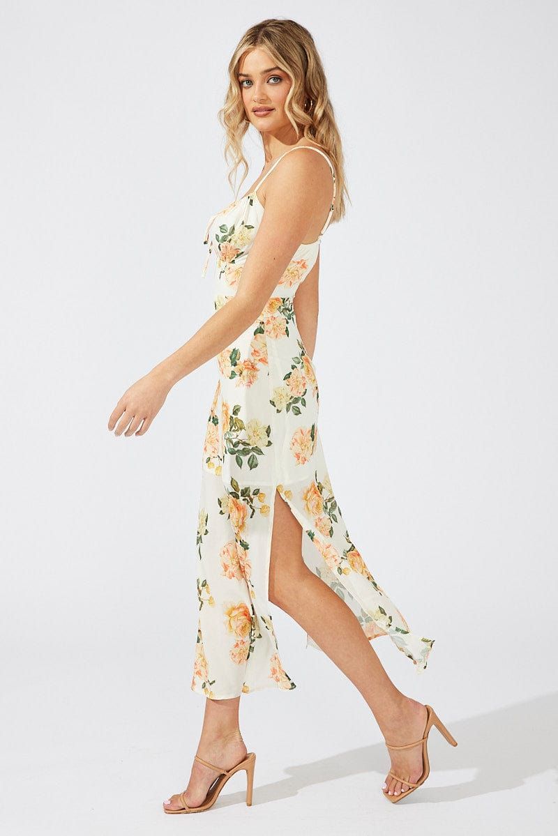 Yellow Floral Midi Dress Gathering Bust Sleeveless sold by Ally Fashion