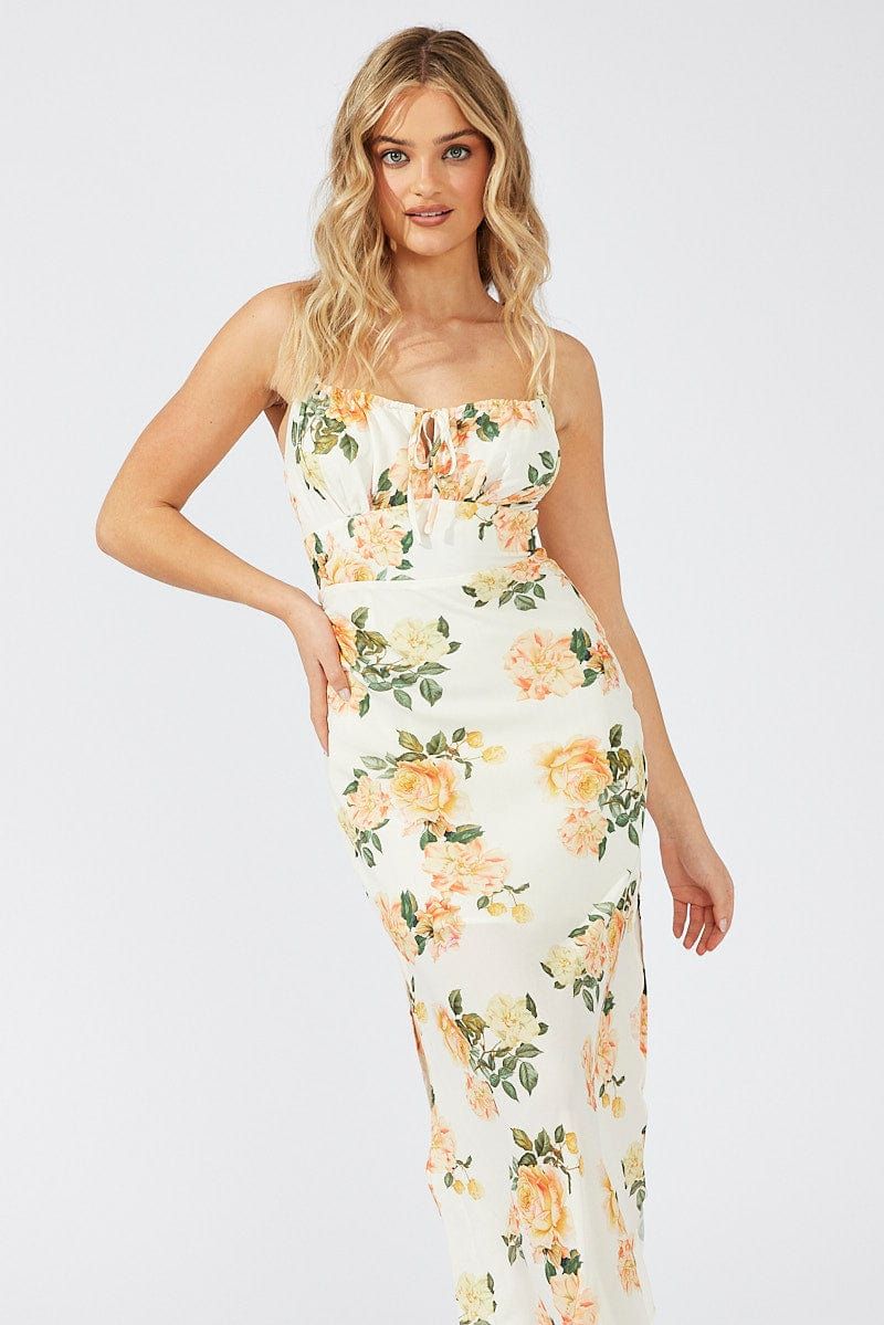 Yellow Floral Midi Dress Gathering Bust Sleeveless sold by Ally Fashion product image thumbnail 2
