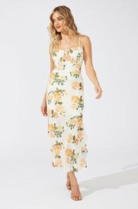 Yellow Floral Midi Dress Gathering Bust Sleeveless sold by Ally Fashion