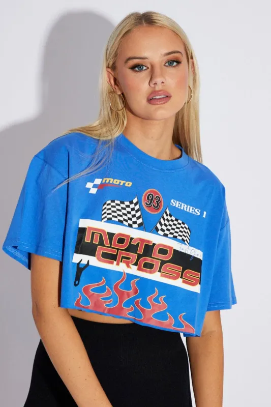 Blue Graphic Tee Motocross Racing Crop Top T-shirt sold by Ally Fashion