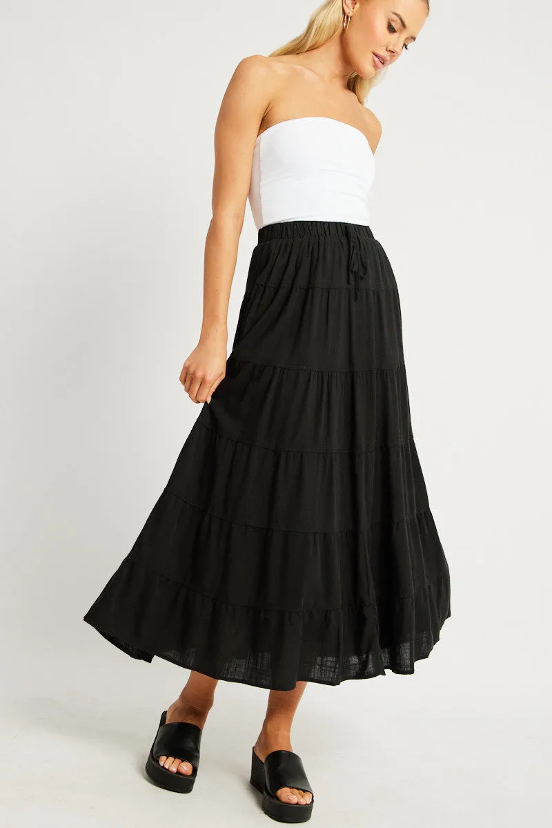 Black Maxi Skirt Tiered High Rise Linen Blend sold by Ally Fashion