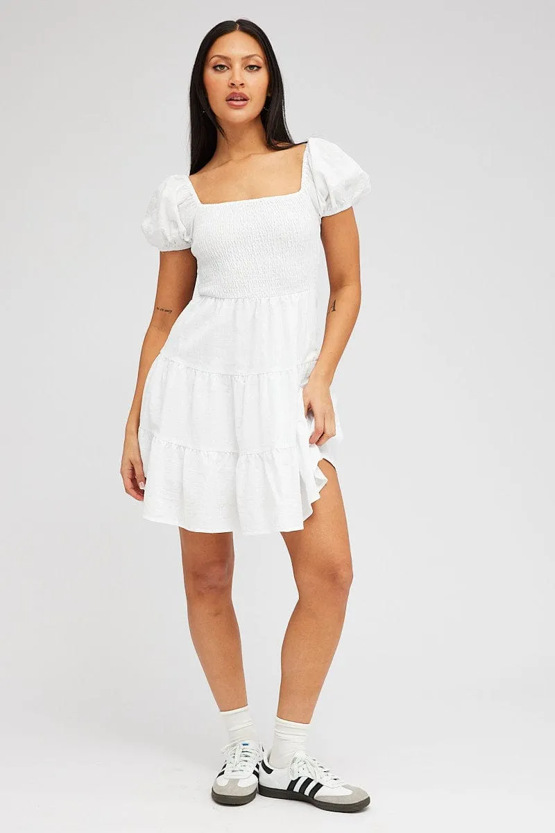 White Fit and Flare Dress Short Sleeve Shirred sold by Ally Fashion product image thumbnail 2
