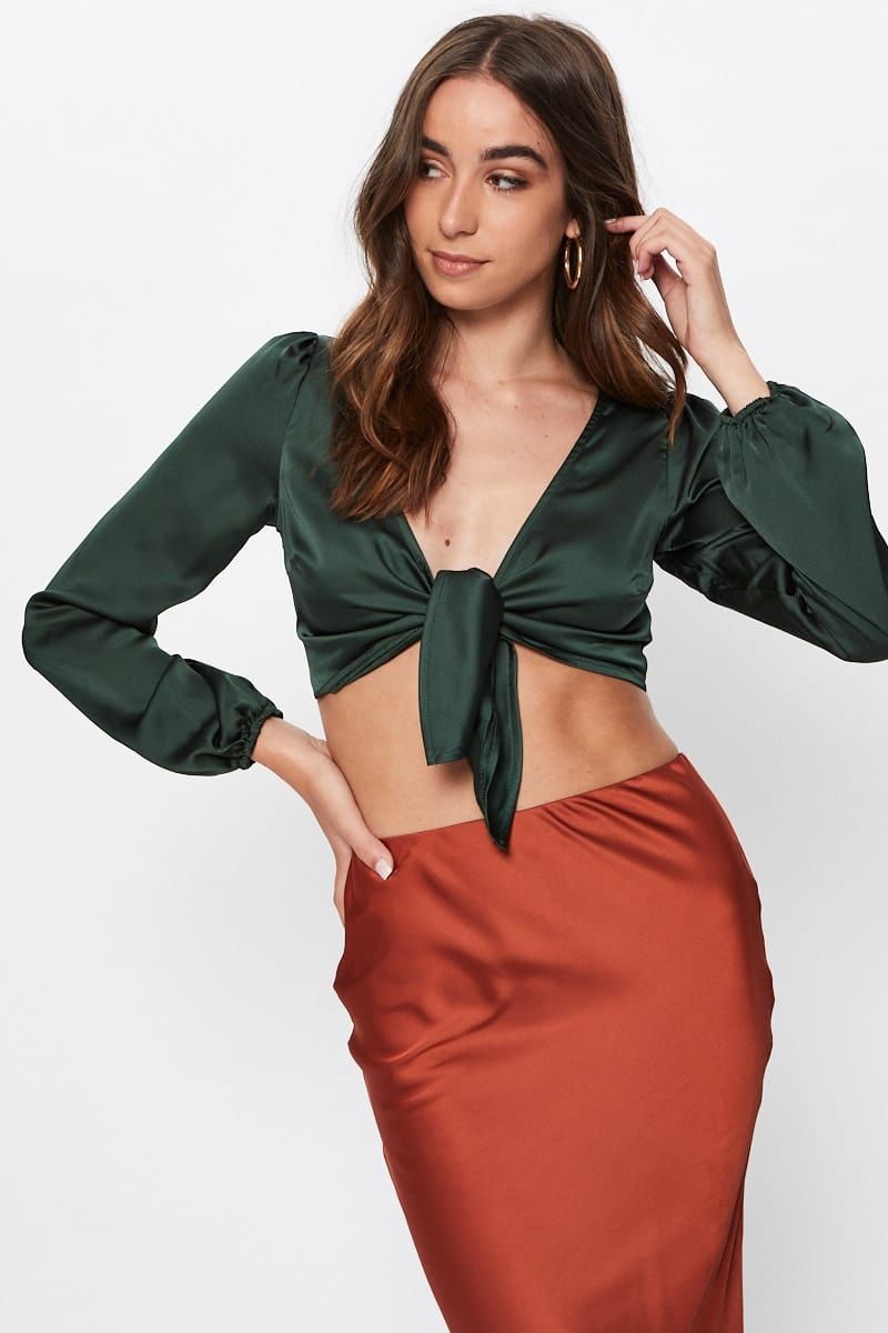 Green Long Sleeve Satin Front Tie Top sold by Ally Fashion