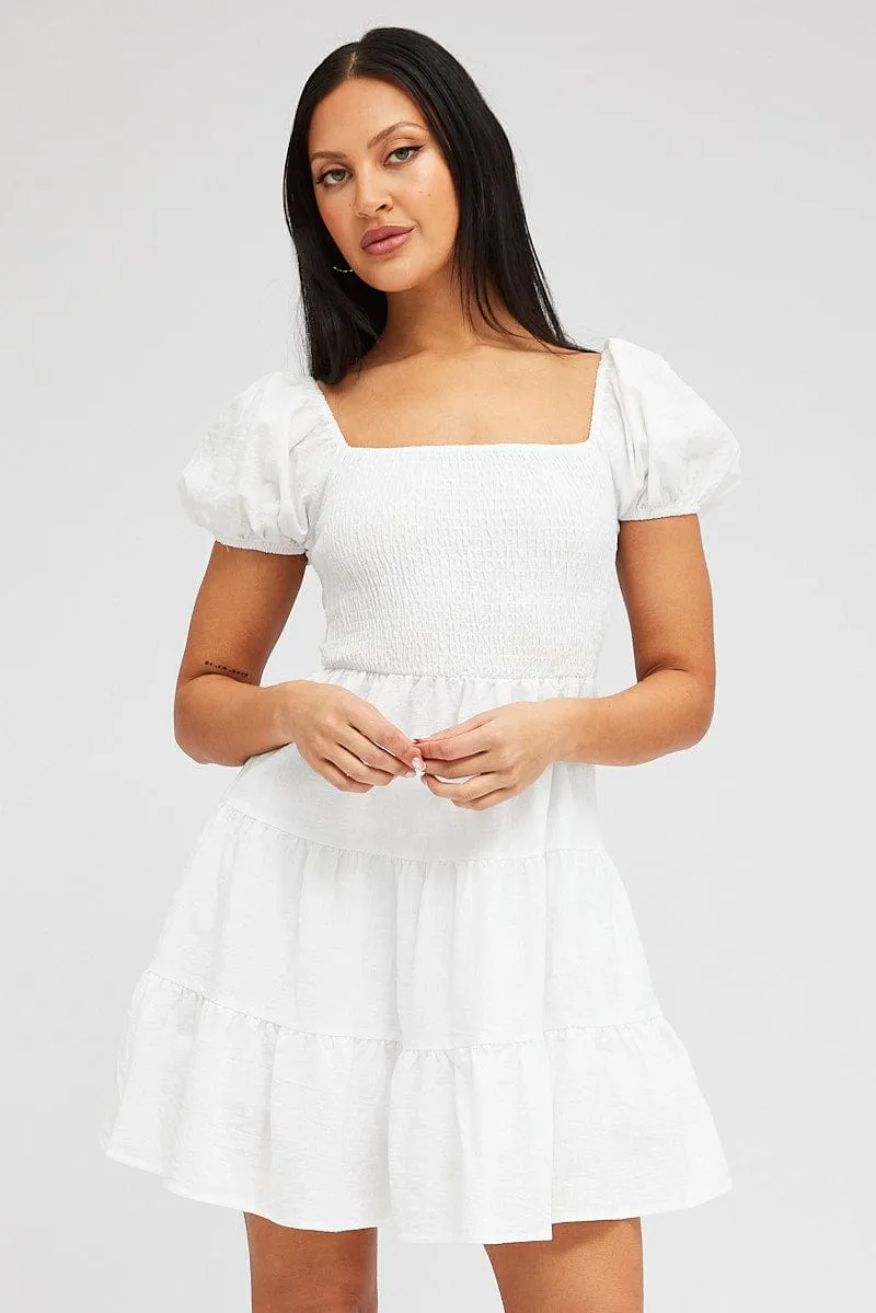 White Fit and Flare Dress Short Sleeve Shirred sold by Ally Fashion product image thumbnail 3