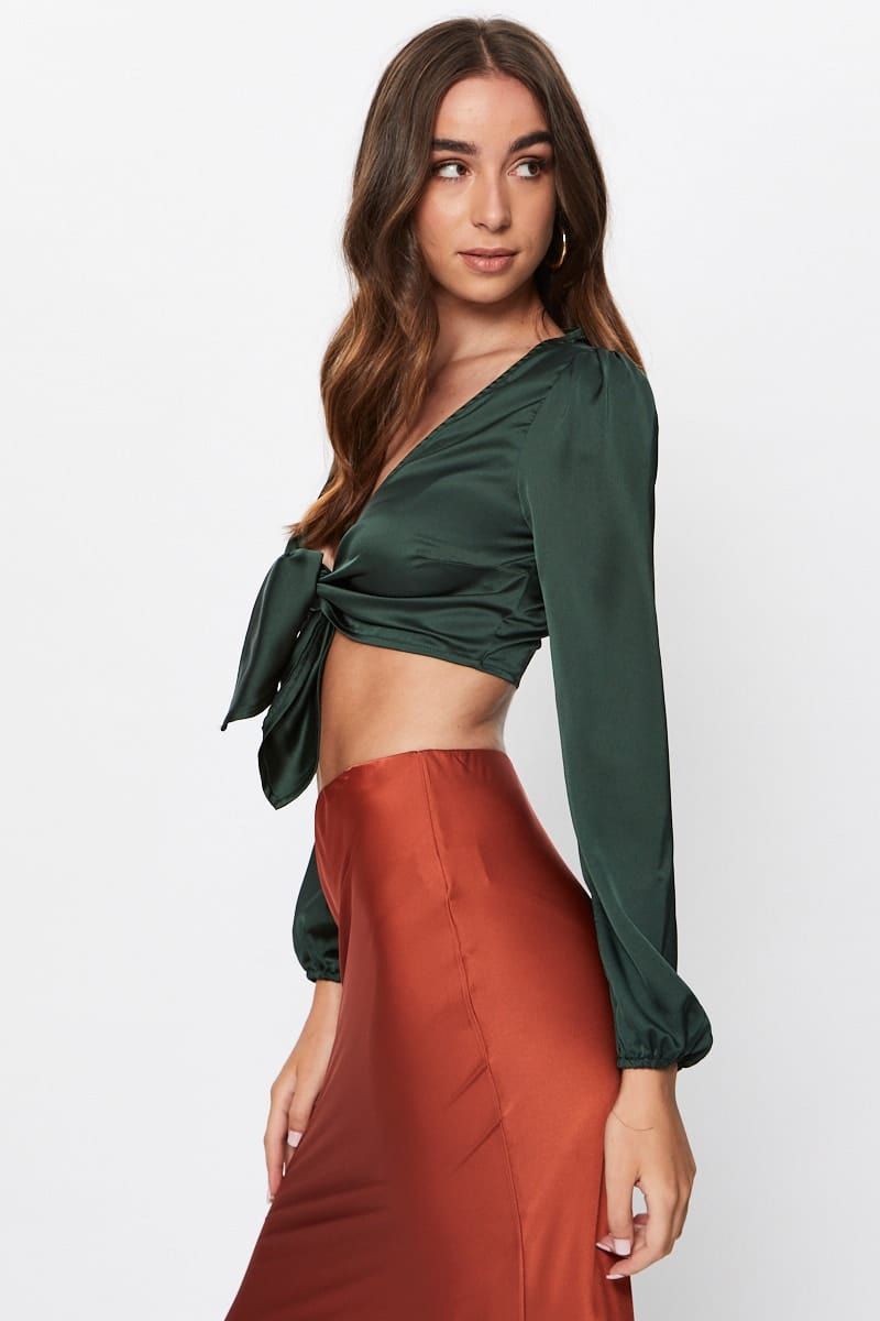 Green Long Sleeve Satin Front Tie Top sold by Ally Fashion product image thumbnail 2