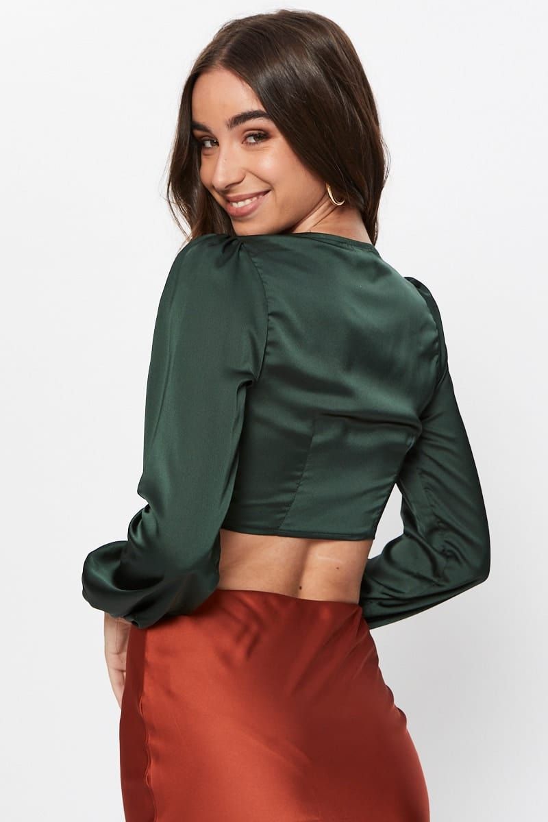 Green Long Sleeve Satin Front Tie Top sold by Ally Fashion product image thumbnail 3