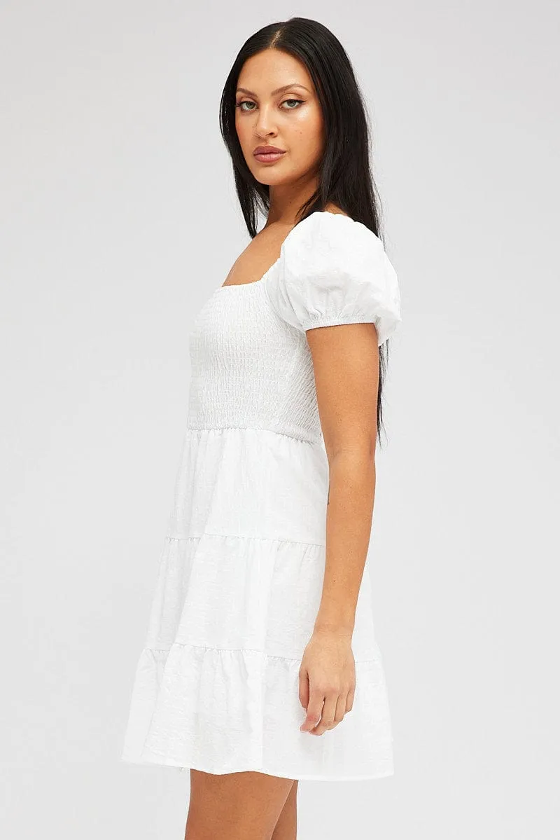 White Fit and Flare Dress Short Sleeve Shirred sold by Ally Fashion product image thumbnail 4